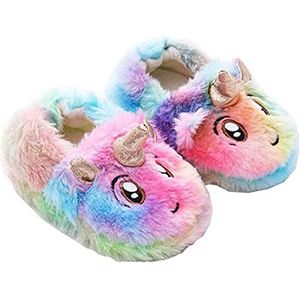 Uniyoung Kids Meisjes Regenboog Eenhoorn Slippers Peuter Kinderen Winter Pluche Warme Indoor Schoenen Slip On House Slippers Gift voor 1-6 Jaar Oude Meisjes, 28/30 EU