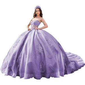 Fuomomo Quinceanera Prinsessenjurk met ruches en staart Quinceanera jurk van tule met parels schattige jurk 16 MT052, paars (Dusty Purple), 30 NL