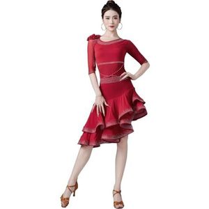 FZHQNZJF Latijns Prestatie Dansjurken voor Dames Gemiddelde Mouw Salsa Tango Rok Strass Balzaal Danskostuums Elastisch Cha Cha Danskleding,Rood,L
