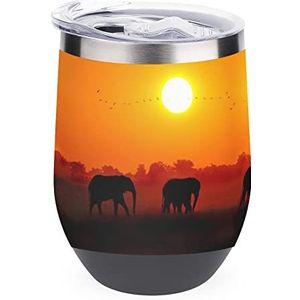 Afrikaanse olifanten bij zonsondergang herbruikbare koffiebekers roestvrij staal geïsoleerde reismok dubbelwandige wijnbeker zwarte stijl