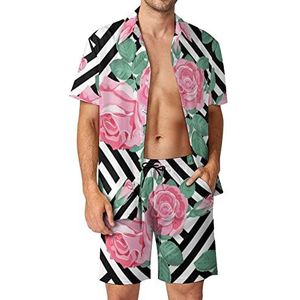 Roze rozen met bladeren Hawaiiaanse bijpassende set voor heren, 2-delige outfits, overhemden en shorts met knopen voor strandvakantie