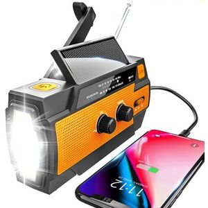 YIKANWEN Solar radio, AM/FM zwengelradio, draagbaar, USB-noodradio met 4000 mAh oplaadbare batterij en handslinger, dynamo voor kamperen, reizen (oranje)