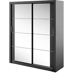 Furniture24 Zweefdeurkast AR-03 ARTI garderobekast kast schuifdeur schuifkast met spiegel, 2 kledingstangen, 5 legplanken (mat zwart)