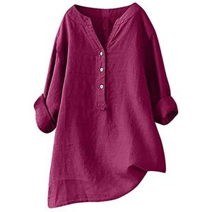 Dames V-hals shirt met lange mouwen Henley casual losse pasvorm 1/2 knoop T-shirt voor vrouwen S-5xl strand effen tuniek tops verkoop, mode dames tops UK, roze (hot pink), XL