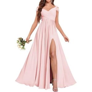 Chiffon bruidsmeisjesjurken voor dames, voor bruiloft, ruches avondgalajurken, cocktailjurken, grote maten, Blush Roze, 32