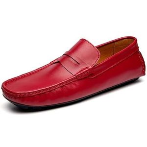 Heren loafers schoen ronde neus veganistisch leer penny rijden loafer schoen lichtgewicht flexibele antislip casual party slip-ons (Color : Red, Size : 38 EU)