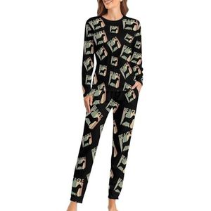 Beagle Hond Silhouet Zachte Dames Pyjama Lange Mouw Warme Fit Pyjama Loungewear Sets met Zakken XL