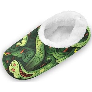 KAAVIYO Groene patronen cartoon slangen outdoor pantoffels katoenen huisschoenen gesloten rug winter antislip pluizige voeten pantoffels voor binnen, jongens vrouwen, Patroon, X-Large