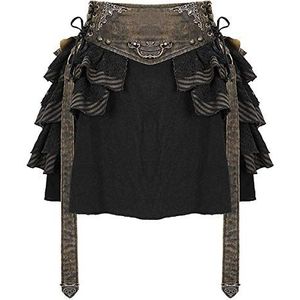 Devil Fashion Womens Steampunk Mini Rok Zwart Bruin Streep Kunstleer Brons Bandjes Ruche Distressed Neo Victoriaanse Ottensian SKT107, Zwart & Bruin, L