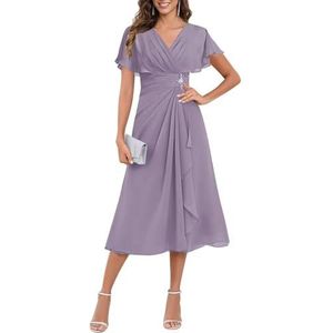 KIYNE Dames thee lengte moeder van de bruid jurken met mouwen ruches chiffon formele jurk avondjurk, Mauve, 32