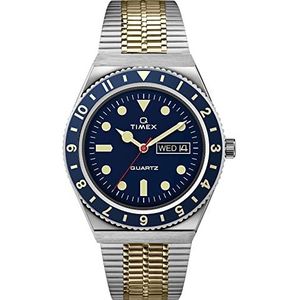 Timex Heren Q Diver 38mm Quartz jurk horloge met roestvrij stalen band, zilver, 18 (Model: TW2V18400ZV), Tweekleurig/Blauw, Duiker
