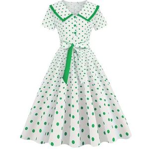 FAIRY TRENDZ Dames korte mouw Peter Pan kraag polka dot jurk dames ruches ruches riem Aline Swing jurk, Groene Polka Stip, M