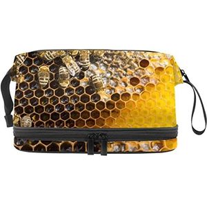 Make-up tas - grote capaciteit reizen cosmetische tas, honingraat met bijen geel, Meerkleurig, 27x15x14 cm/10.6x5.9x5.5 in