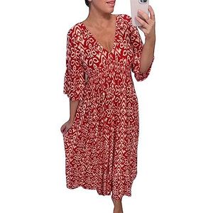 MAOAEAD Boheemse casual print V-hals elastische taille wrap lange jurk, elegante print maxi-jurk voor vrouwen zomer losse ruches mouwen strandjurken, Rood, L