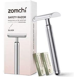 ZOMCHI Double Edge Safety Razor in zilver - Klassiek scheermes voor heren met 10 mesjes - Duurzame, duurzame roestvrijstalen constructie