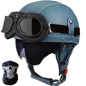 Duitse leren motorhelmen, halve schaalhelm met DOT/ECE, retro jethelm, scooterhelm, chopperhelm, fietshelm, met zonneklep en snelsluitingen open helm E,L=59-60CM