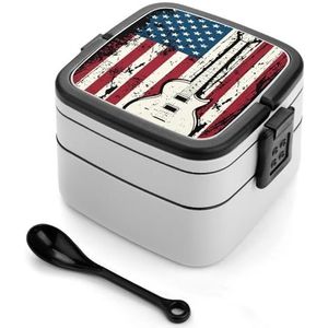 Amerikaanse Vlag Gitaar Bento Lunchbox Dubbellaags All-in-One Stapelbare Lunch Container Inclusief Lepel met Handvat