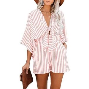 BANGHA Jumpsuits Voor Vrouwen Zomer Casual Zomer Taille Afslanken Gestreepte Jumpsuit Voor Vrouwen, Diepe V Uitlopende Mouw Driekwart Broek, roze, 3XL