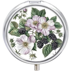 3 Compartiment Kleine Pillendoos Reizen Geneeskunde Pil Organizer met Spiegel Vochtbestendige Pillen Case Bloemen en Bramen Draagbare Pocket Geneeskunde Organizer Ronde Vitamine Organizer Box