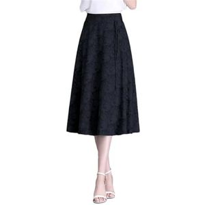 Vrouwen Zomer Gedrukt Halflange Rokken Forens Elegante Rok Hoge Taille Slim Fit A-lijn Paraplu Jurk, Zwart 113, M