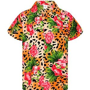Funky Hawaiiaans Overhemd, Hawaii-Overhemd, Korte Mouw, Leopard Flowers, Oranje, XXL