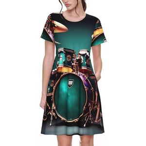 JJPUNGK Cool Drum Set Print Dagelijks Dragen Vrouwen Jurken Casual Zomer Jurk met Korte Mouwen Ronde hals Zakken, Zwart, S