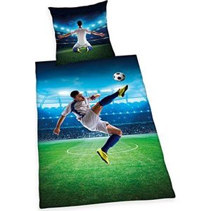 Herding Young Collection Beddengoedset, voetbal omkeerbaar motief, dekbedovertrek 140 x 200 cm, kussensloop 70 x 90 cm, 100% katoen-renforcé