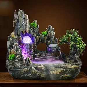 Ejoyous Tafelfontein Met Planten En Mist – Hars Waterval Met LED, Voor Binnen En Buiten, Ook Als Luchtbevochtiger