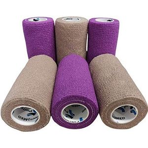 PintoMed - 3 BEIGE + 3 PAARS samenhangend verband uitgerekt 6 rollen x 10 cm x 4,5 m zelfklevende flexibele verbanden, professionele kwaliteit, EHBO-sportbandages - Pack van 6 (10 CM)