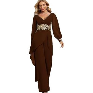 ORBITRAY Jumpsuit voor dames, voor moeder van de bruid, broekpak, V-hals, chiffon, avondjurk met gouden applicaties, Bruin, 14