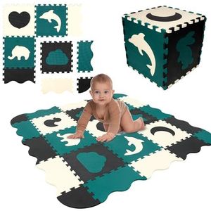 Humbi puzzelmat Eva foam voor baby's en kinderen speelmat fitnessmat beschermmat zwembadmat 31,5 x 31,5 x 1 cm 34 stuks vormen kleur (zwart, crème, donkergroen)