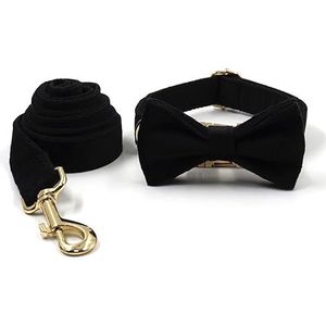 Zwart fluwelen hondenharnas gepersonaliseerde duurzame halsband met gouden metalen gespen, halsband en riem (kleur: gouden gesp-02, maat: M hals 42-48 cm)