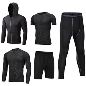 Dooxi Heren 5 stuks sport gym fitness kleding set, hoodies jassen met lange mouw of korte mouw basislagen T-shirts, losse fitting shorts, compressie broek voor workout training running trainingspakken, Style16, L