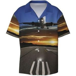 TyEdee Luchthavenprint herenoverhemden met korte mouwen en zak, casual overhemd met knopen, zakelijk overhemd, Zwart, 4XL