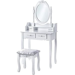 KADAX Make-uptafel met spiegel, lade en kruk, 75 x 40 x 147 cm, kaptafel, kaptafel voor slaapkamer, garderobe (wit)