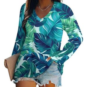 Turquoise En Groene Tropische Bladeren Vrouwen Lange Mouw V-hals T-shirts Herfst Tops Trui Tuniek Tee voor Leggings