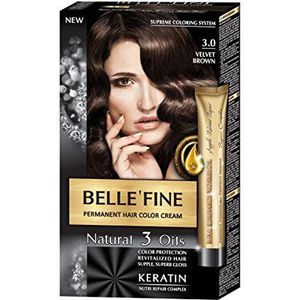 Belle`Fine No.3.0 fluwelen bruin Haar Kleur Crème met Keratine, Argan, Amandel en Olijfolie