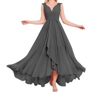 High-Low Prinses Bruidsmeisje Jurken Dubbele V-hals Prom Jurk Chiffon Formele Avond Party Gown, Grijs, 54 grote maten