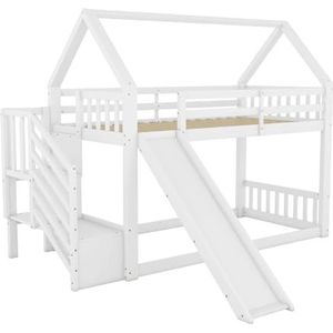 Idemon Stapelbed met opbergtrap en glijbaan, huisbed, kinderbed met leuning, geschikt voor kinderen, jongeren, 90 x 200 cm (wit)