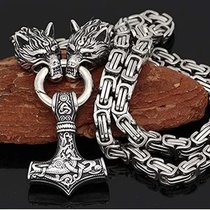 QQTQQ Mannen Viking Wolf hoofd hanger Thor's Hamer ketting, Retro Noorse roestvrij staal amulet sieraden, handgemaakte zware koning ketting, 60cm, goud