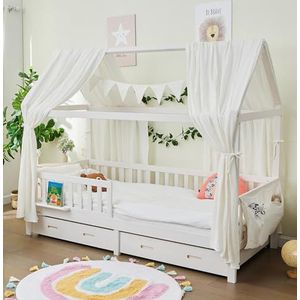 Alavya Home® Decoratieset voor bed, 3-delig, 2 stuks bedhemel, 1 stuk vlaggetjesslinger van 300 cm lang, voor kinderbed, kinderkamer, 100% biologisch mousseline-katoen, GOTS-gecertificeerd, 125 x 350