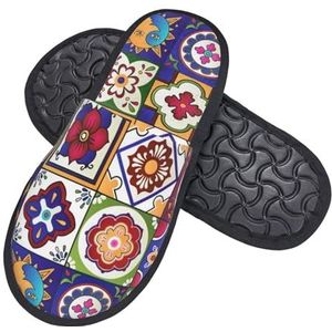 408 Pluizige pantoffels, Mexicaanse Talavera keramische tegel patroon etnische folk heren pantoffels warme pantoffel pluche voering huisslippers voor volwassenen huis slaapkamer, Harige pantoffels