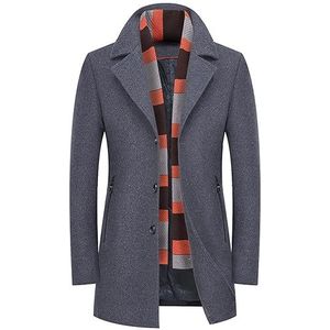 Trenchcoat In Wol Mix voor Mannen Single Breasted Mid-Long Peacoat Met Afneembare Sjaal Gewatteerde Gevoerde Winterjas (Kleur: Greyy, Maat : Heren-XL)