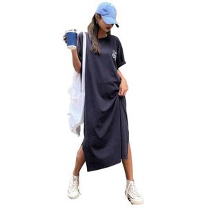 jurken voor dames T-shirtjurk met grafische print en splitzoom (Color : Navy Blue, Size : XL)