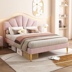 Idemon Fluweel, gestoffeerd bed, 140 x 200 cm, schelpachtig bed met gouden ijzeren poten, in hoogte verstelbaar hoofdeinde, houten lattenbodem (roze, 140 x 200 cm)