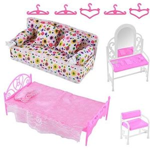 Felenny 8 Stks Prinses Meubels Accessoires Dressoir Set + Sofa Set + Bed Set + Hangers Voor Slaapkamer Barbie Pop