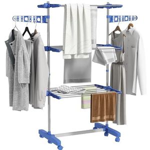 HOMCOM Wasrek met Wielen, 3 Niveaus, Opvouwbare Droogrek met Zijvleugels, Wasdroogtoren voor Binnen en Buiten, Staal Wit 80/142 x 55 x 152 cm