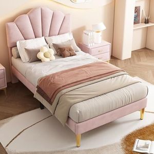 Idemon Fluweel, gestoffeerd bed, 90 x 200 cm, schelpachtig bed met gouden ijzeren poten, in hoogte verstelbaar hoofdeinde, houten lattenbodem (roze, 90 x 200 cm)
