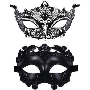JewelryWe Venetiaans masker, 2 stuks, zwart metalen masker, antiek Romeins Grieks oogmasker, gezichtsmasker, kostuum voor Halloween, carnaval, party, dames en heren