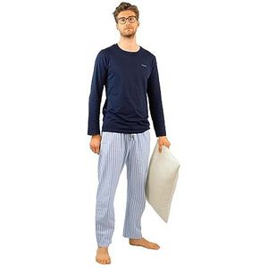 lunon Pyjama voor heren, lang, met geschenkverpakking, pyjamaset, 100% katoen, lange mouwen, Pijama for Men, tijdloos design, geschikt voor winter en zomer (2-delige set), Classy Set (blauw), M